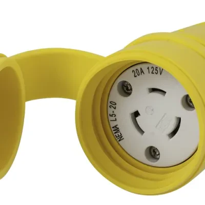 Watertight Devices, Locking Devices, Elastomeric, Female Connector Body, 20A 125V, 2-Pole 3-Wire Grounding, L5-20R, Screw Terminal, Yellow, Water/Dust-Tight Housing