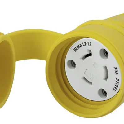 Watertight Devices, Locking Devices, Elastomeric, Female Connector Body, 20A 277V AC, 2-Pole 3-Wire Grounding, L7-20R, Screw Terminal, Yellow, Water/Dust-Tight Housing