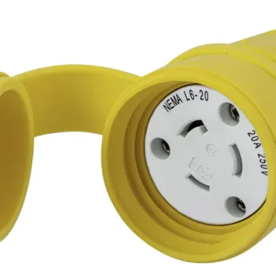 Watertight Devices, Locking Devices, Elastomeric, Female Connector Body, 20A 250V, 2-Pole 3-Wire Grounding, L6-20R, Screw Terminal, Yellow, Water/Dust-Tight Housing