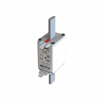 Eaton Bussmann series low voltage NH Fuse, Live gripping lug, 500V, 63A, 120 kAIC, Combination fuse status indicator, fuse, Blade end connection, Class C gL/gG, Square-body with kn...