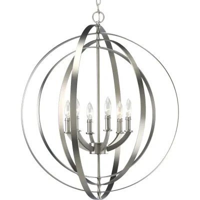 Inspired by ancient astronomy armillary spheres, the interlocking rings pivot for an infinite variety of positions. Six-light chandelier pendant in Burnished Silver is ideal for in...