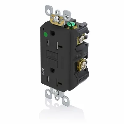 20 Amp. 125 Volt. 20 Amp Feed-Through. Hospital Grade. Tamper-Resistant. AFCI Receptacle. Monochromatic. Back and side wired. Nylon wallplate included. Screws and self grounding cl...