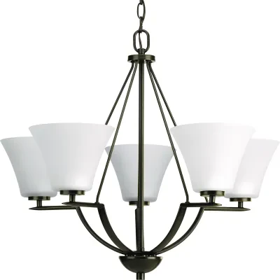 Five-light chandelier with white etched glass from the Bravo collection. Linear elements stream throughout the fixture to compose a relaxed but exotic ambiance. Generously scaled g...