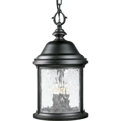 Inspired by lanterns from the Old World, the Ashmore collection incorporates handsome details, quill-scrolled arms and decorative finials. The water seeded glass is in a die-cast a...