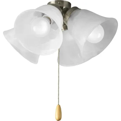 Four-light universal fan light kit features alabaster style glass shades beautiful in design. Brushed Nickel finish corresponds with a Chrome pull-chain and maple fob. Universal st...