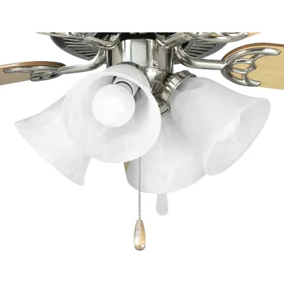 Four-light kit with white washed alabaster style glass shades beautiful in design. Innovative spring clip glass attachment system eliminates unsightly excess hardware. Good for use...
