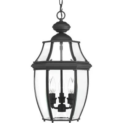 A Black finish complements clear beveled glass in the New Haven outdoor hanging lantern. Durable aluminum construction. Open bottom design allows easy access to replace lamps witho...