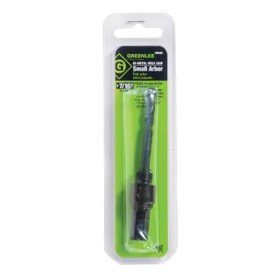 Shank Arbor with High-Speed Steel Pilot Drill Bit in Clamshell.  7/16" shank, 3/8" minimum chuck size.  Use with 9/16" - 1-3/16" Hole Saws.  The best arbor in the industry ensures...