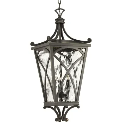 The Cadence three-light hanging lantern showcases classic styling with clear water glass panels and traditional lighted clusters. Mediterranean-style frame is finished in Oil Rubbe...