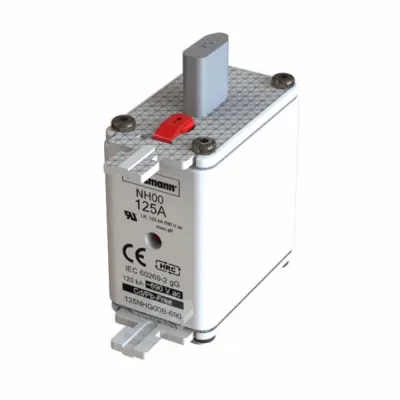 Eaton Bussmann series low voltage NH Fuse, Live gripping lug, 690V, 125A, 120 kAIC, Combination fuse status indicator, Blade end connection, Class C gL/gG, Square-body with knife b...