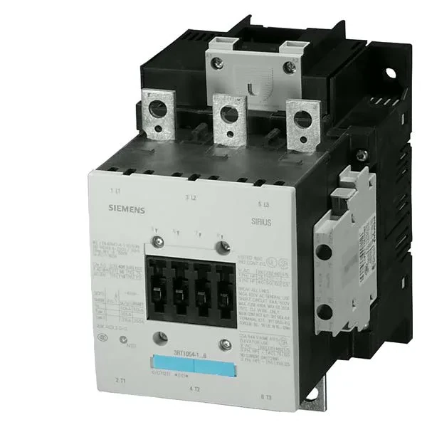 With sps interface 24V DC drive electronic rail connections 3 pole, size s6 auxil. contacts 2NO+2NC AC/DC operation uc 21-27,3v contactor, 55KW/400v/AC-3