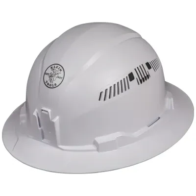 Hard Hat, Vented, Full Brim Style, White, Safety hard hat has patent-pending accessory mounts on front and back ensure Klein Headlamps attach securely and precisely, every time — n...