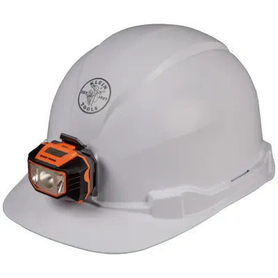 Hard Hat, Non-Vented, Cap Style with Headlamp, White, Safety hard hat has patent-pending accessory mounts on front and back that ensure Klein Headlamps attach securely and precisel...