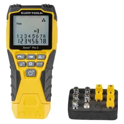 Cable Tester Kit with Scout® Pro 3 Tester, Remotes, Adapter, Battery, Cable tester tests voice (RJ11/12), data (RJ45) and video (coax F-connector) terminated cables with clearly de...
