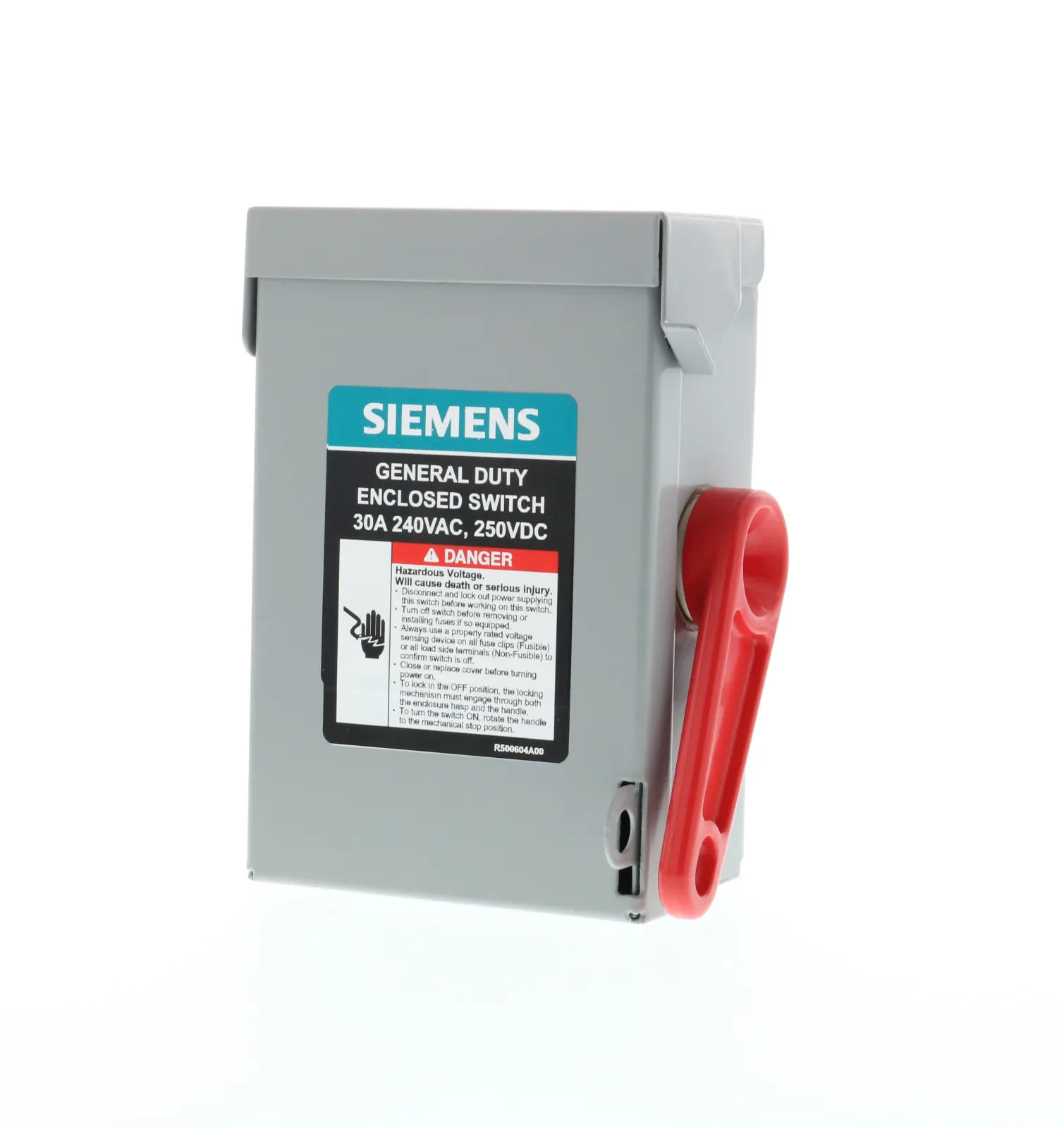 SIEMENS LOW VOLTAGE VBII DOUBLE-BREAK ENCLOSED SAFETY SWITCH. SERIES A 3-POLE 3-WIRE NON-FUSED GENERAL DUTY SWITCH. RATED 240V 30A. SPECIAL FEATURES NEMA TYPE 1 INDOOR ENCLOSURE.