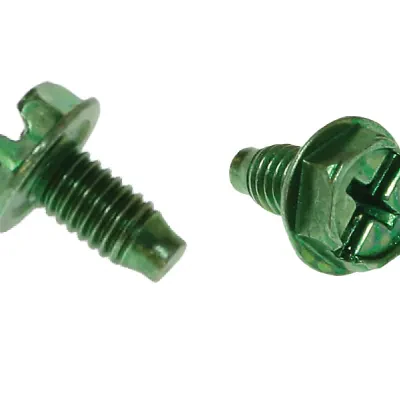 Grounding Screw, 5/16 in. length, Green, Steel material, Threaded mounting, Zinc Chromate finish, Hex Washer head, #8-32 thread size, Slotted/Phillips drive type, 100 per pack