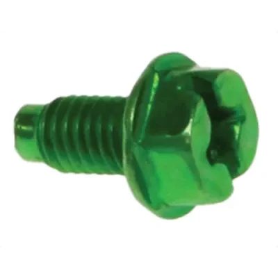 Grounding Screw, #10-32 x 3/8 in, Dog Point, Green, Steel material, Threaded mounting, Zinc Chromate finish, Hex Washer head, Slotted/Phillips/Square drive, 100 per pack