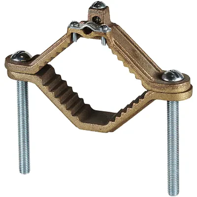 Armored Ground Clamp, 8 SOL to 4 STR conductor size, Bronze material, 4, 5, 6 in. pipe size