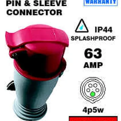 63 Amp, 200/346-240/415 Volt, IEC 309-1 & 309-2, 4P, 5W, International-Rated Pin & Sleeve Connector, Industrial Grade, IP44, Splashproof - Red