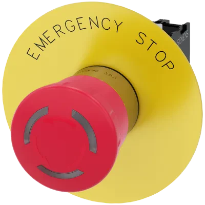 Emergency stop mushroom pushbutton, illuminable, 22 mm, round, metal, shiny, red, 40 mm, positive latching, acc. to en iso 13850, rotate-to-unlatch, with yellow washer, inscription...
