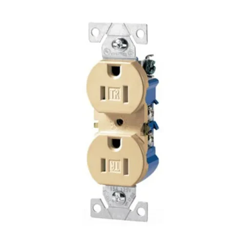 Eaton residential grade duplex receptacle, #14-10 AWG, 15A, Flush, 125V, Side and push, Ivory, Brass, Impact-resistant thermoplastic face, PVC body, 5-15R, Two-pole, Three-wire, Du...