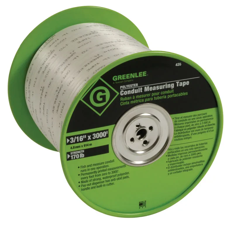 Polyester Conduit Measuring Tape, 3/16" x 3000' (44./mm x 914m).  Fish and measure conduit runs in one operation.  Permanently printed measurements every foot from zero to 3000'  (...