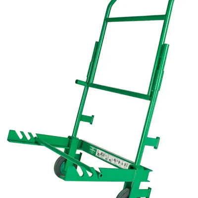 All steel welded frame withheavy-duty wheels.     Unique design provides easy setup for cable payout.     Handle folds to save spacewhen using as a dispenser.