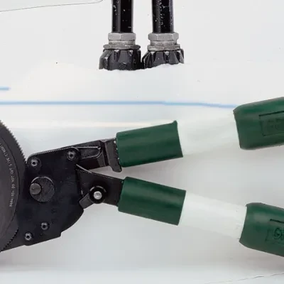 Two-handed operation provides more leverage and makes cutting large cables easier.     Short fiberglass handles make it easy to use in tight places and to store in tool boxes....