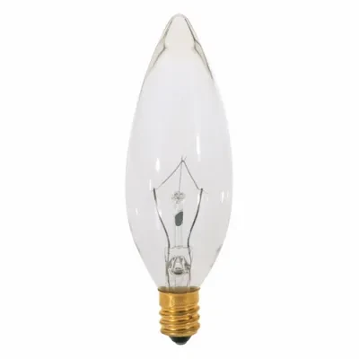 Incandescent Decorative Lamp, Designation: 15BA9 1/2, 120 V, 15 WTT, BA9 1/2 Shape, E12 Candelabra Base, Clear, C-7A Filament, 1500 HR, Lumens: 114 LM Initial, 3-1/2 IN Length, 1-3...
