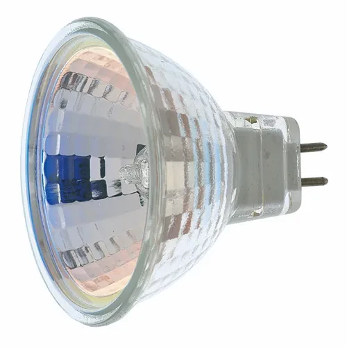 Halogen MR Lamp, Designation: 50MR16/FL, 12 V, 50 WTT, MR16 Shape, GU5.3/GX5.3 Miniature 2 Pin Round Base, C-8 Filament, 2000 HR, 3000 DEG K Color Temperature, Warm White 36 DEG Be...