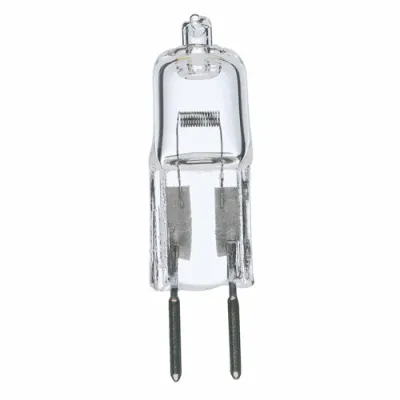 Halogen Bi Pin Lamp, Designation: 20T3/CL, 12 V, 20 WTT, T3 Shape, G4 Bi Pin G4 Base, Clear, C-6 Filament, 2000 HR, Lumens: 300 LM Initial, 1-1/4 IN Length, 3/8 IN Diameter