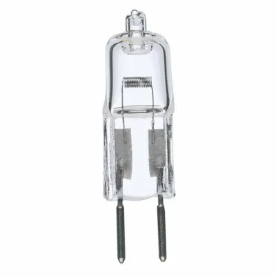 Halogen Bi Pin Lamp, Designation: 50T4/CL, 12 V, 50 WTT, T4 Shape, GY6.35 Bi Pin GY6.35 Base, Clear, C-6 Filament, 2000 HR, Lumens: 900 LM Initial, 1-9/16 IN Length, 1/2 IN Diamete...