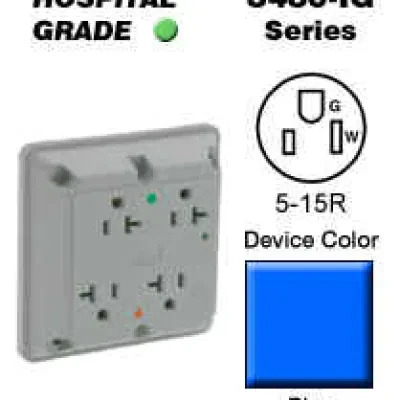 15 Amp, 125 Volt, 4-In-1 Receptacle, Straight Blade, Industrial Series Extra Heavy Duty Hospital Grade, Grounding, Surge with Indicator Light, Blue