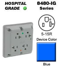 15 Amp, 125 Volt, 4-In-1 Receptacle, Straight Blade, Industrial Series Extra Heavy Duty Hospital Grade, Grounding, Surge with Indicator Light, Blue