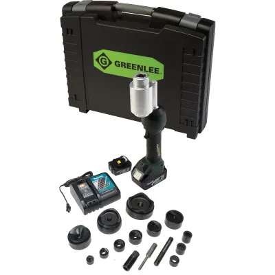 Intelli-PUNCH™ Battery-Hydraulic Knockout Kit with Slug-Buster® 1/2" - 3" and 4".  Time saving maximum cycle time of 8 seconds.  Auto-stop detects punch completion and automaticall...