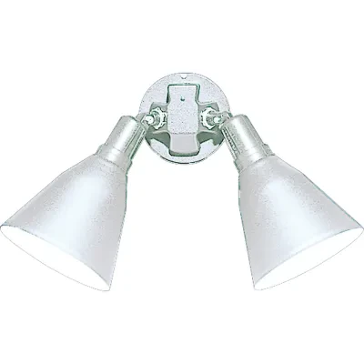 Outdoor adjustable two-headed swivel floodlight with lamp shroud n a painted White finish and solid Aluminum construction.