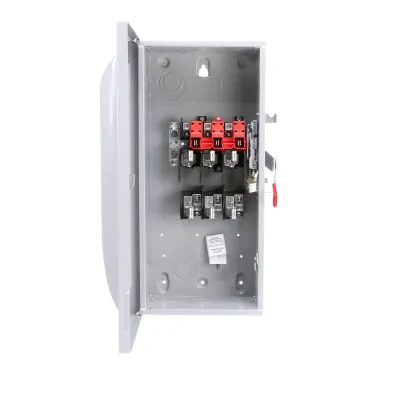 Siemens Low Voltage Circuit Protection General Duty Safety Switch. 3-Pole 3-Fuse and solid neutral Fused in a type 1 enclosure (indoor). Rated 240VAC (100A). Horse power (Std, Time...