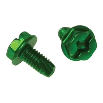 Grounding Screw, #10-32 x 3/8 in, Green, Steel material, Threaded mounting, Zinc Chromate finish, Hex Washer head, Slotted/Phillips/Square drive type, 100 per pack