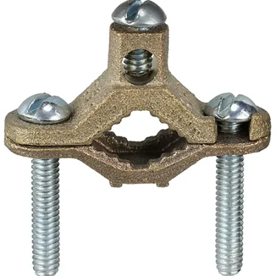 Bare Ground Clamp, 10 SOL to 2 STR conductor size, Bronze material, 1/2 to 1 in. pipe size, Dual Rated Suitable for Pipe or Steel Rebar 3/8 to 1" (#3 - #8), Accomodates Steel Rebar...