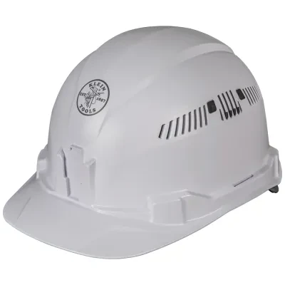 Hard Hat, Vented, Cap Style, White, Safety hard hat has patent-pending accessory mounts on front and back ensure optional Klein Headlamps attach securely and precisely, every time...