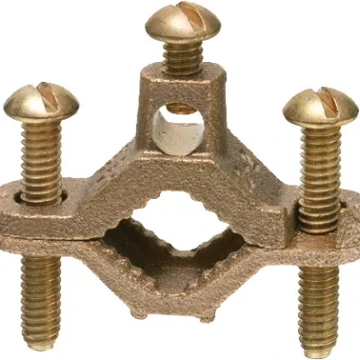 Solid Bronze with bronze screws, bare wire ground clamp. Pipe Size - 1/2" to 1", Wire Range - #10 to #2. Approved for direct burial.