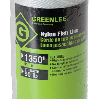 Fish Line1350' (411 m) 90 Pound Strength.  Strong, lightweight nylon.  Center feed for fast payout without tangling, use with mighty mouser blow gun.  Mildew-resistant, can be pull...
