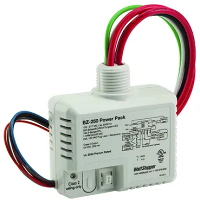 This power pack switches lighting or plug loads on and off in response to low voltage control inputs, and provides up to 225mA at 24VDC to power Wattstopper occupancy sensors. It e...
