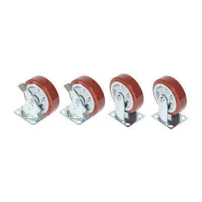 Caster Kit 6".  Two (2) locking swivel and two (2) rigid polyurethane coated casters.  900 pounds dynamic load.