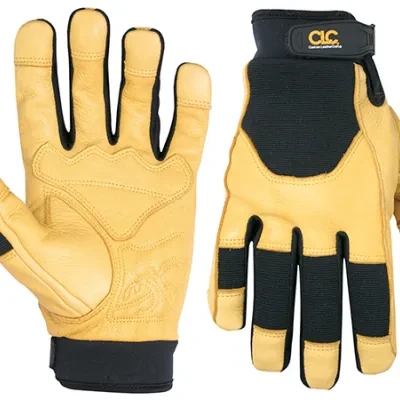 CLC, Hybrid Gloves, Medium Size, Top Grain Deerskin material, Hook and Loop Closure cuff, Suede Leather palm material, Spandex back material