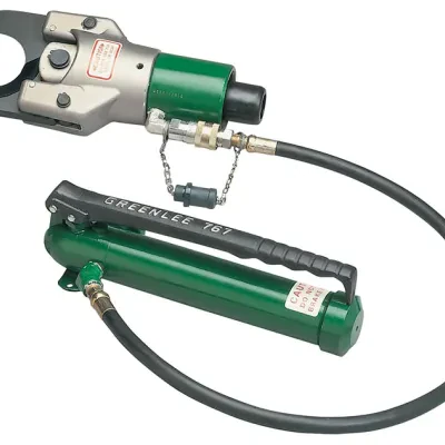 Hydraulic Cable Cutter 750 with 767 Hand Pump, Ram, Hydraulic Hose in Storage Box.  Cuts in 7 seconds.  Jaws slide open quickly to save time between cuts.  11-ton (97 kN) ram power...