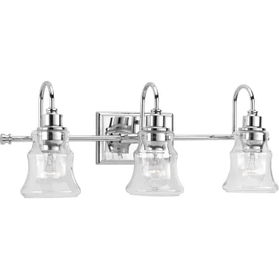 A casual, coastal-inspired three-light bath & vanity. Litchfield features hourglass-inspired clear glass shades with a curved arm in  a crisp Polished Chrome finish.