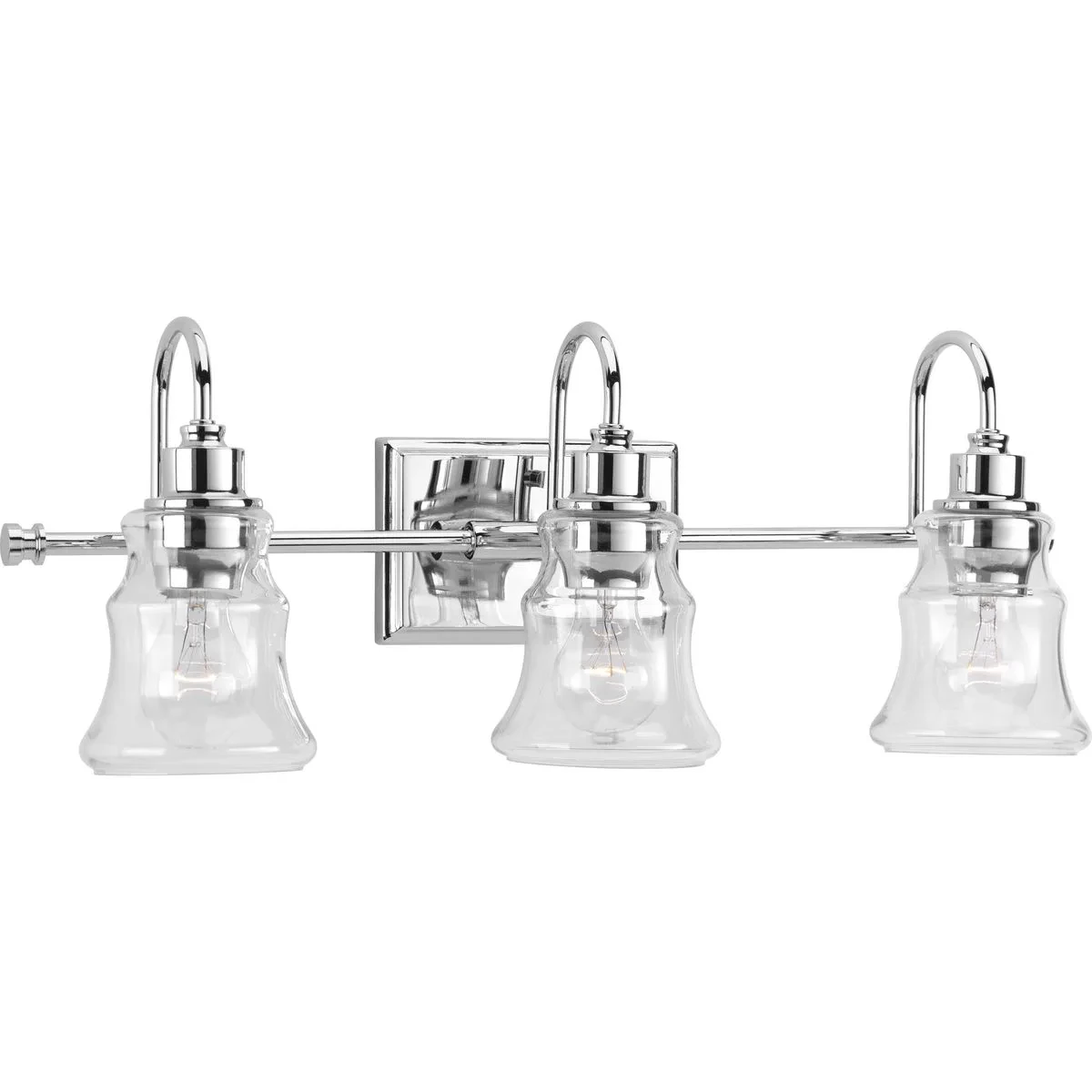A casual, coastal-inspired three-light bath & vanity. Litchfield features hourglass-inspired clear glass shades with a curved arm in  a crisp Polished Chrome finish.