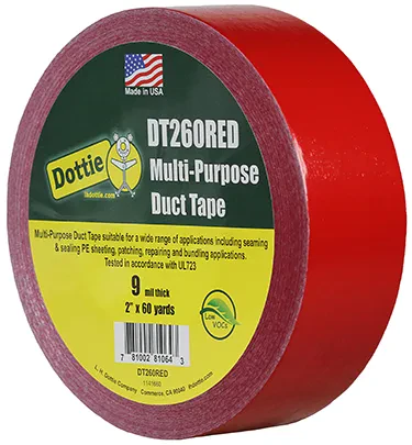 Duct Tape, Polyethylene material, Red, 60 yd. length, 2 in. width, 9 mil. thickness, +200 DEG F temperature range, Cloth backing material
