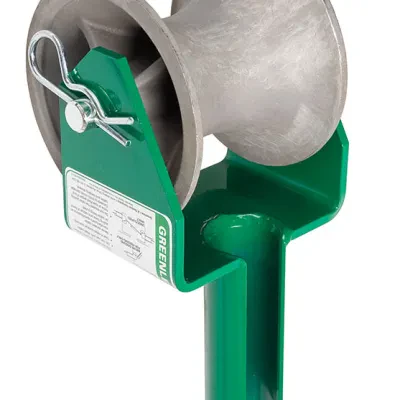 Feeding Sheave for 2" Conduit.  Yoke frame slides into the end of conduit and holds sheave, allowing the cable being fed into the conduit to smoothly roll over the sheave.  5" (127...